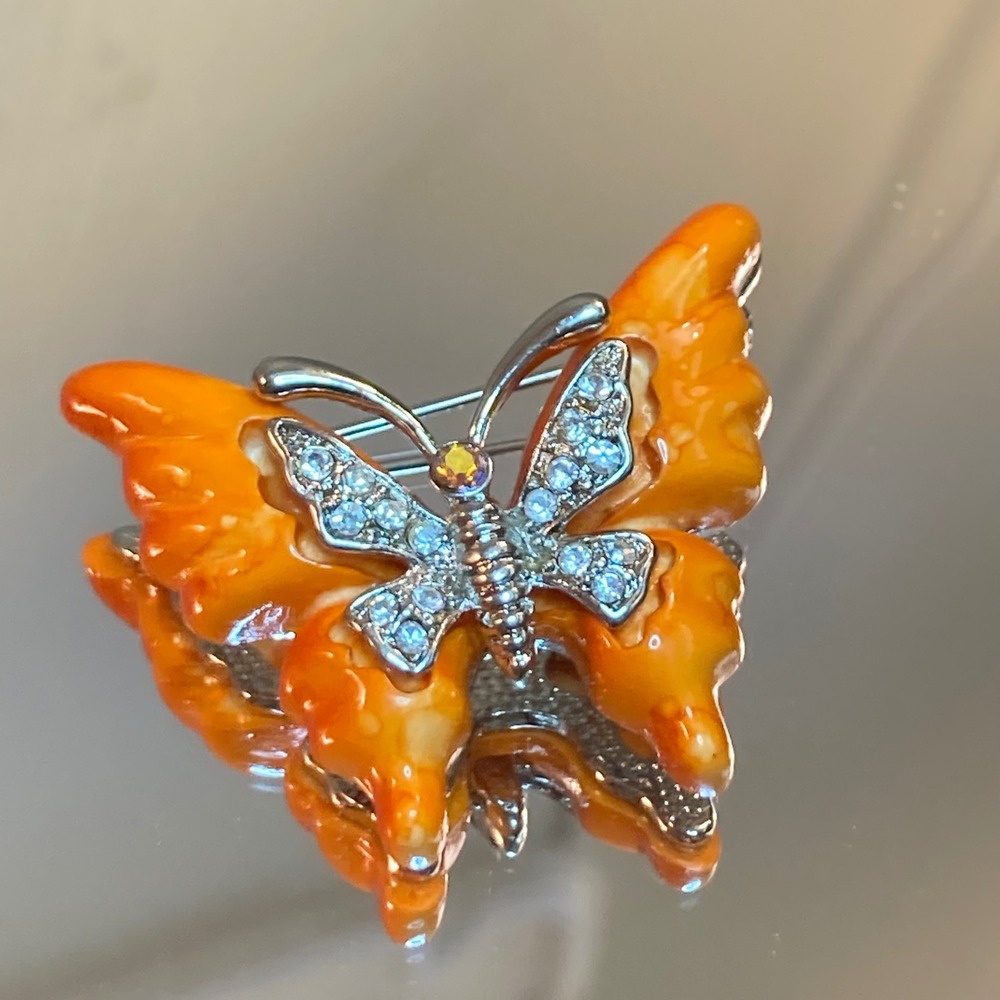 Orange Enamel Butterfly Brooch Rhinestone Silver Tone Insect Pin Marbled Wing‎